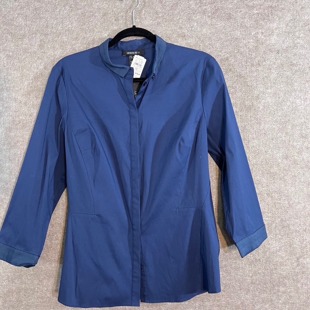 Lafayette 148 New York Button Up Shirt Womens 12 Blue Cotton Blend Minimalist